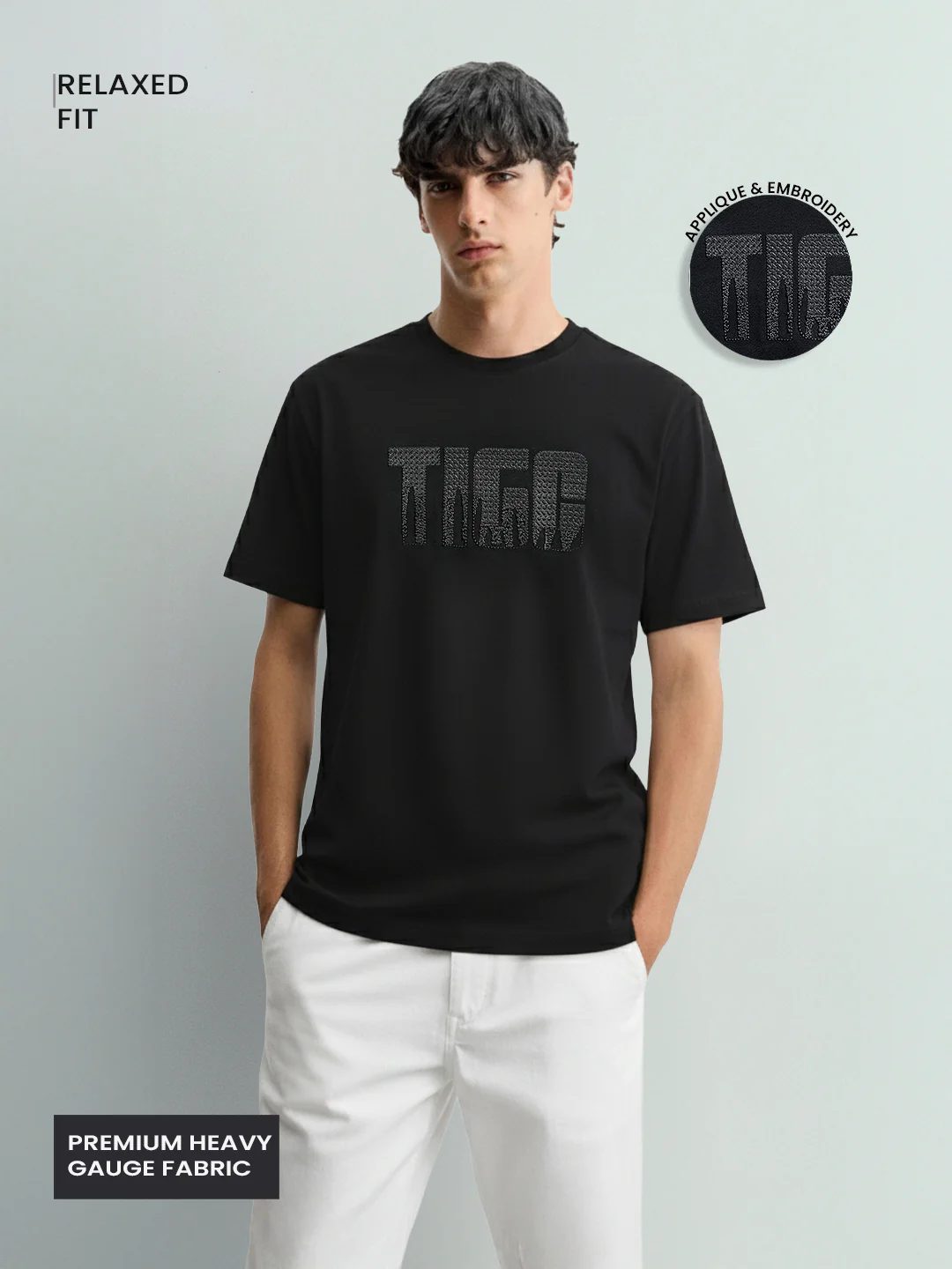 Men's Black Relaxed Fit Embroided 240 GSM Casual T-Shirt - Image 3