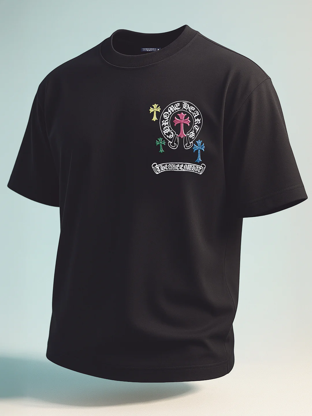 Men's Black Relaxed Fit Embroided 240 GSM Casual T-Shirt - Image 3