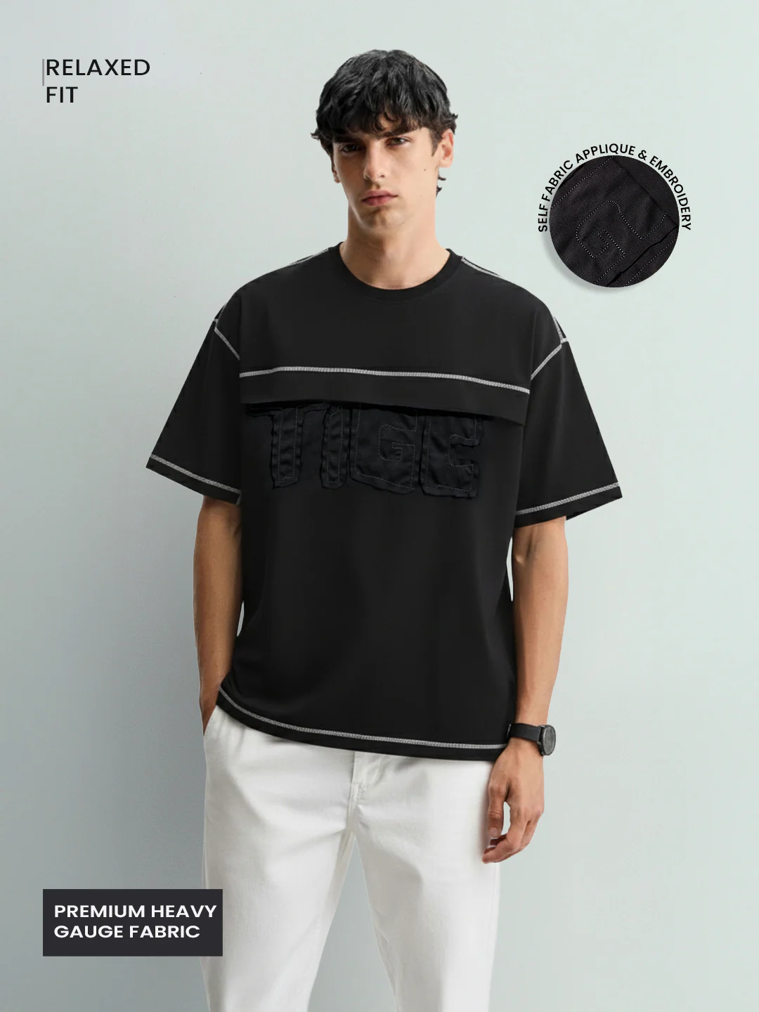Men's Black Relaxed Fit Embroided 240 GSM Casual T-Shirt - Image 3