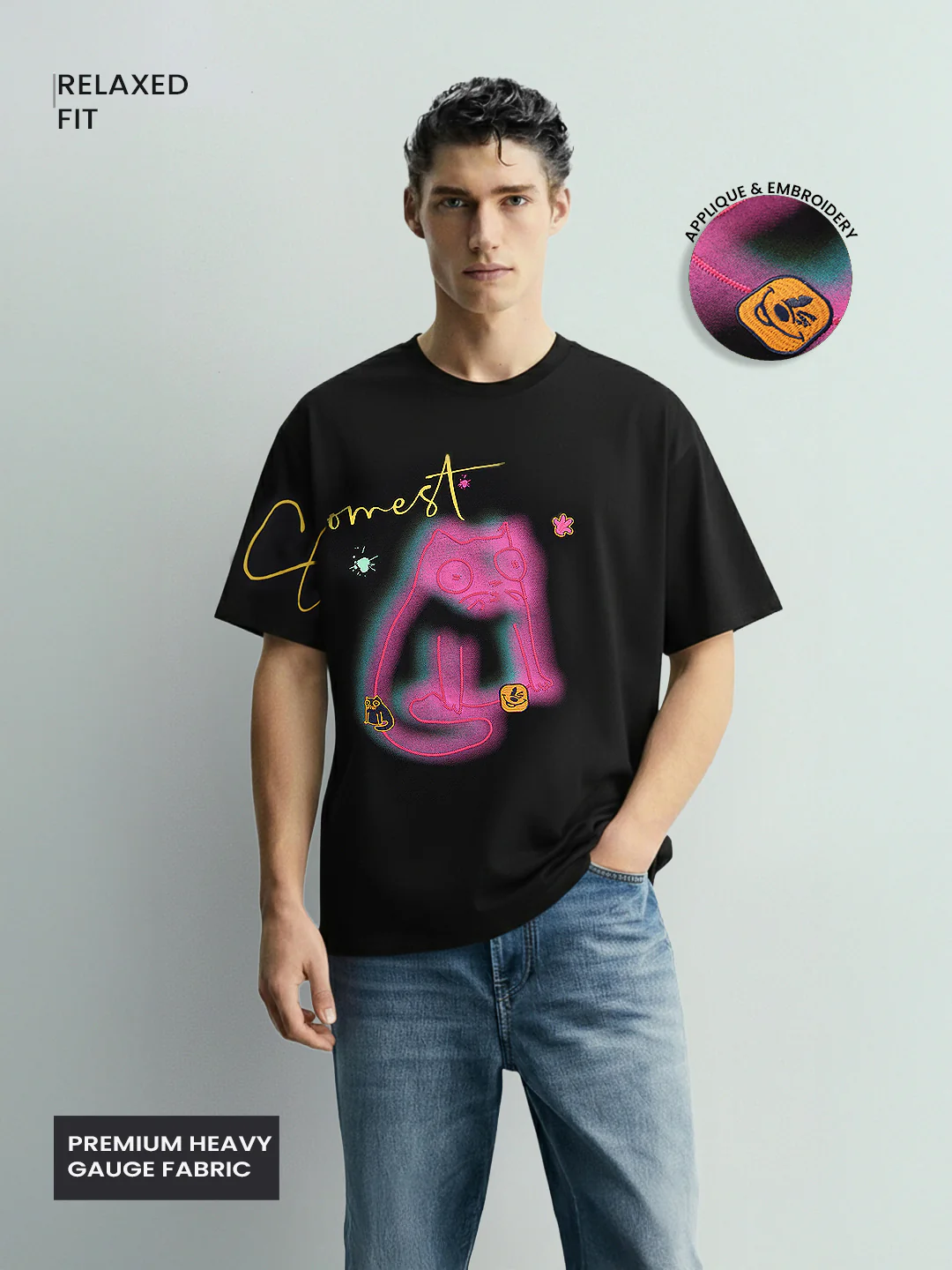 Men's Black Relaxed Fit Embroided 240 GSM Casual T-Shirt - Image 3