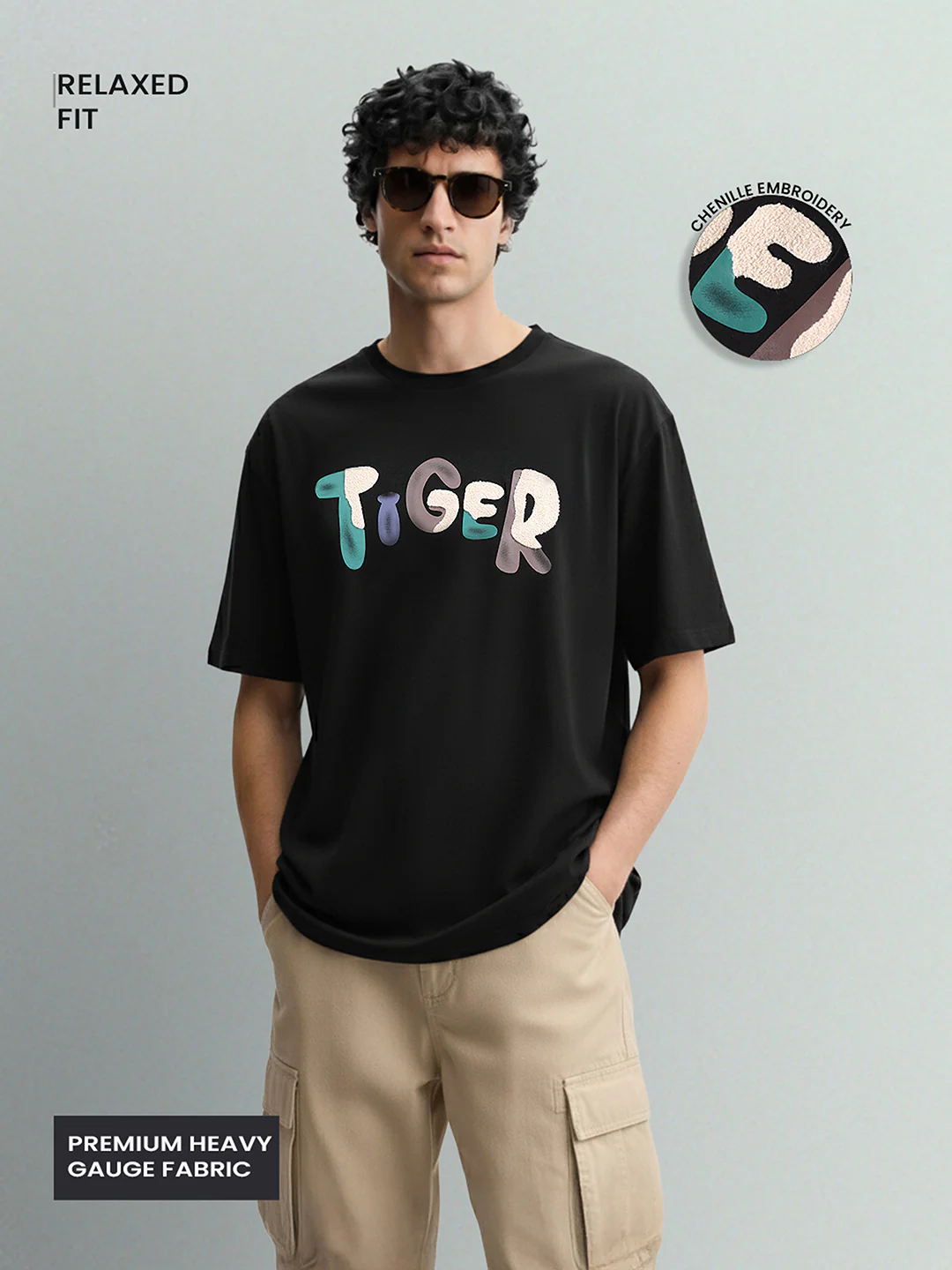 Men's Black Relaxed Fit Embroided 240 GSM Casual T-Shirt - Image 3