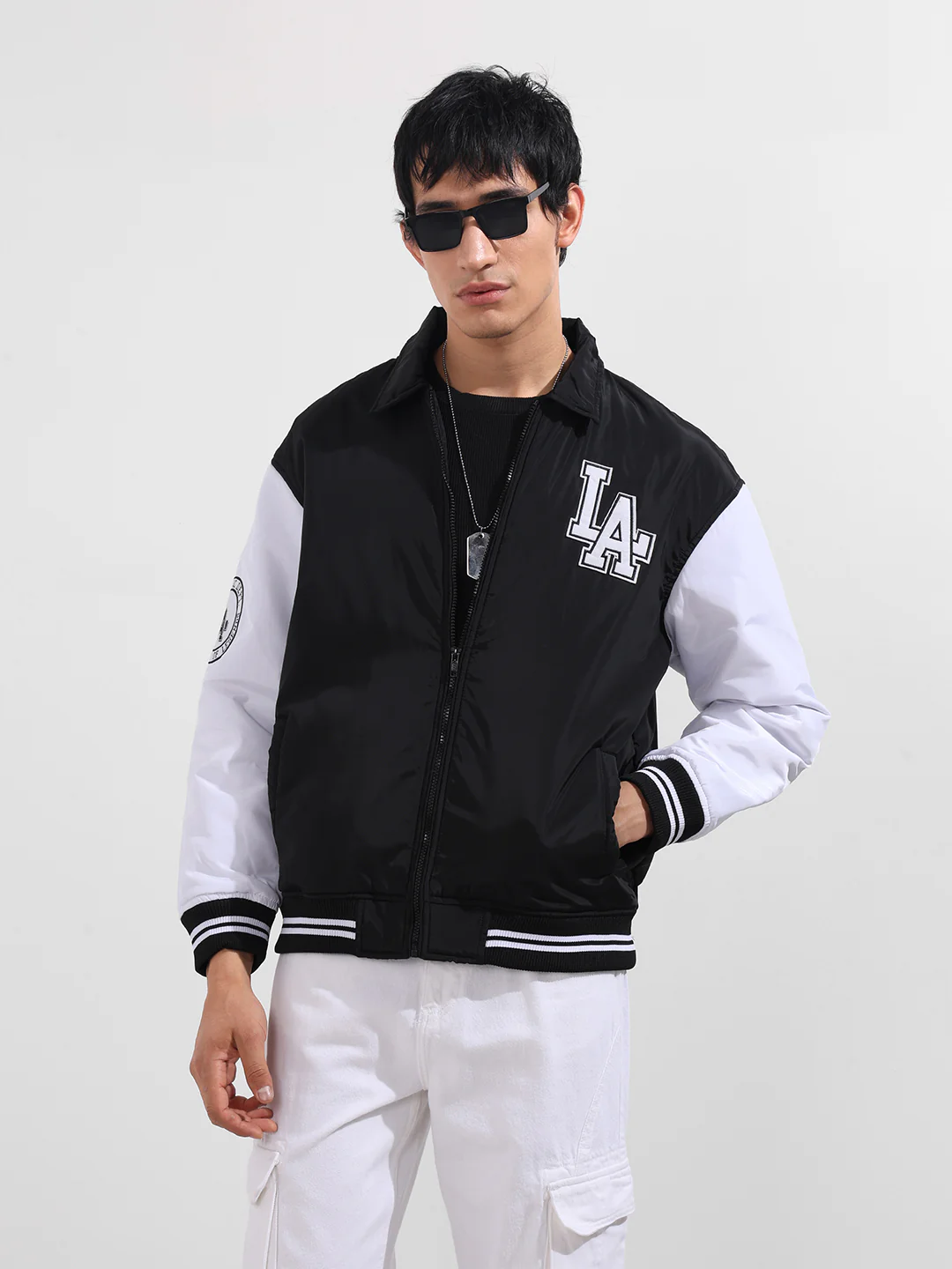 Men's Black Relaxed Fit Embroidered Varsity Jacket - Image 2