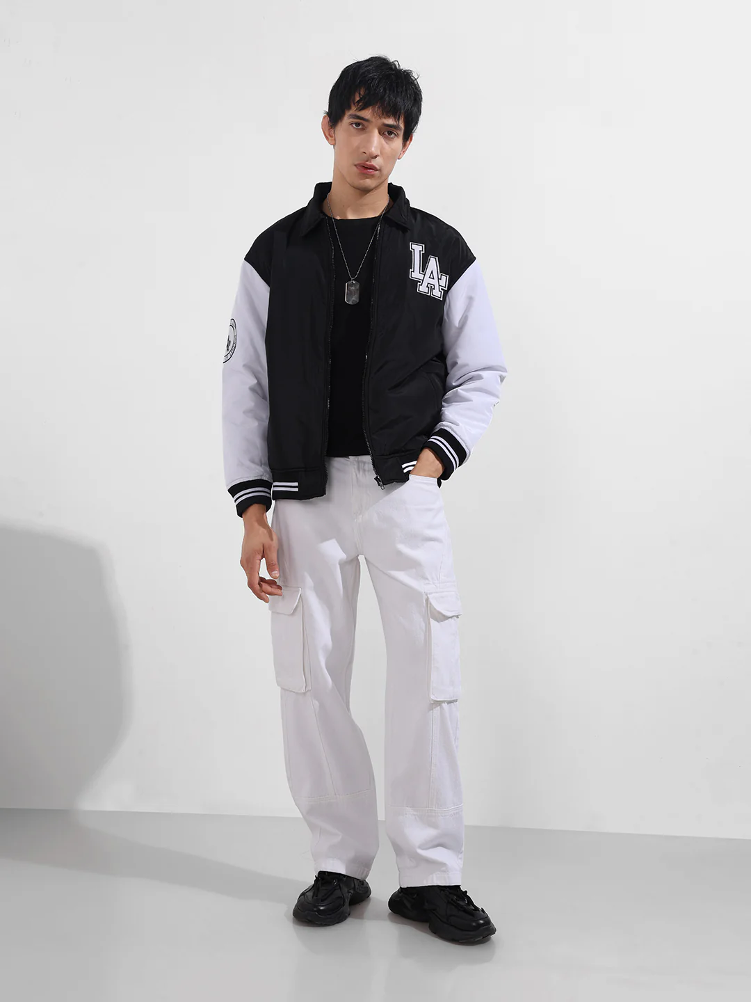 Men's Black Relaxed Fit Embroidered Varsity Jacket - Image 3