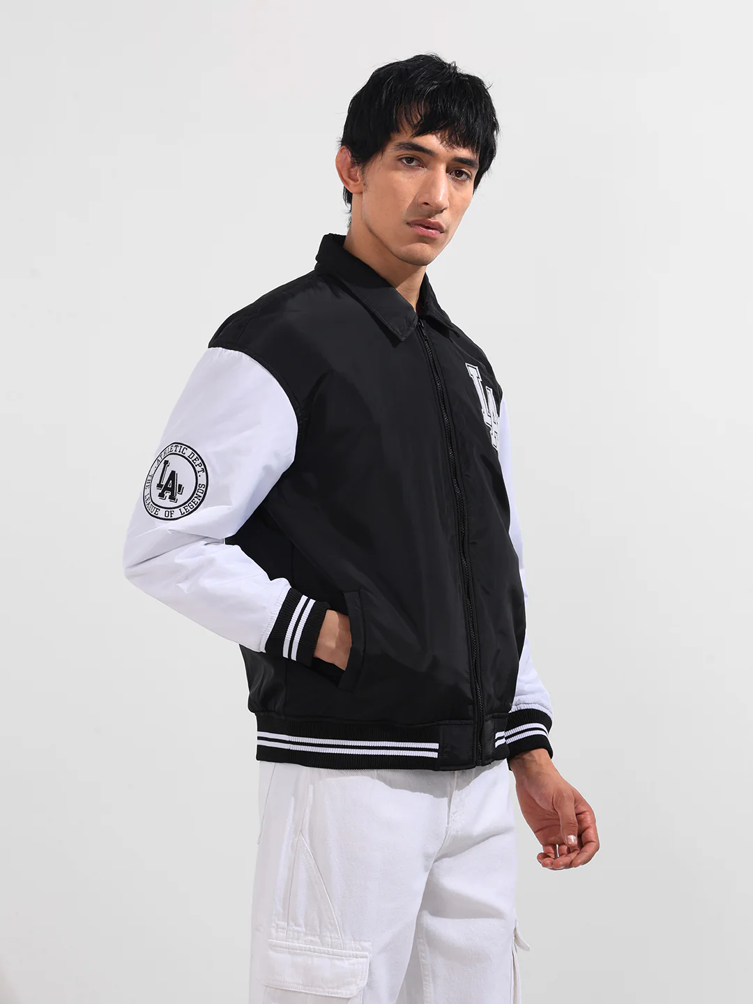 Men's Black Relaxed Fit Embroidered Varsity Jacket - Image 4