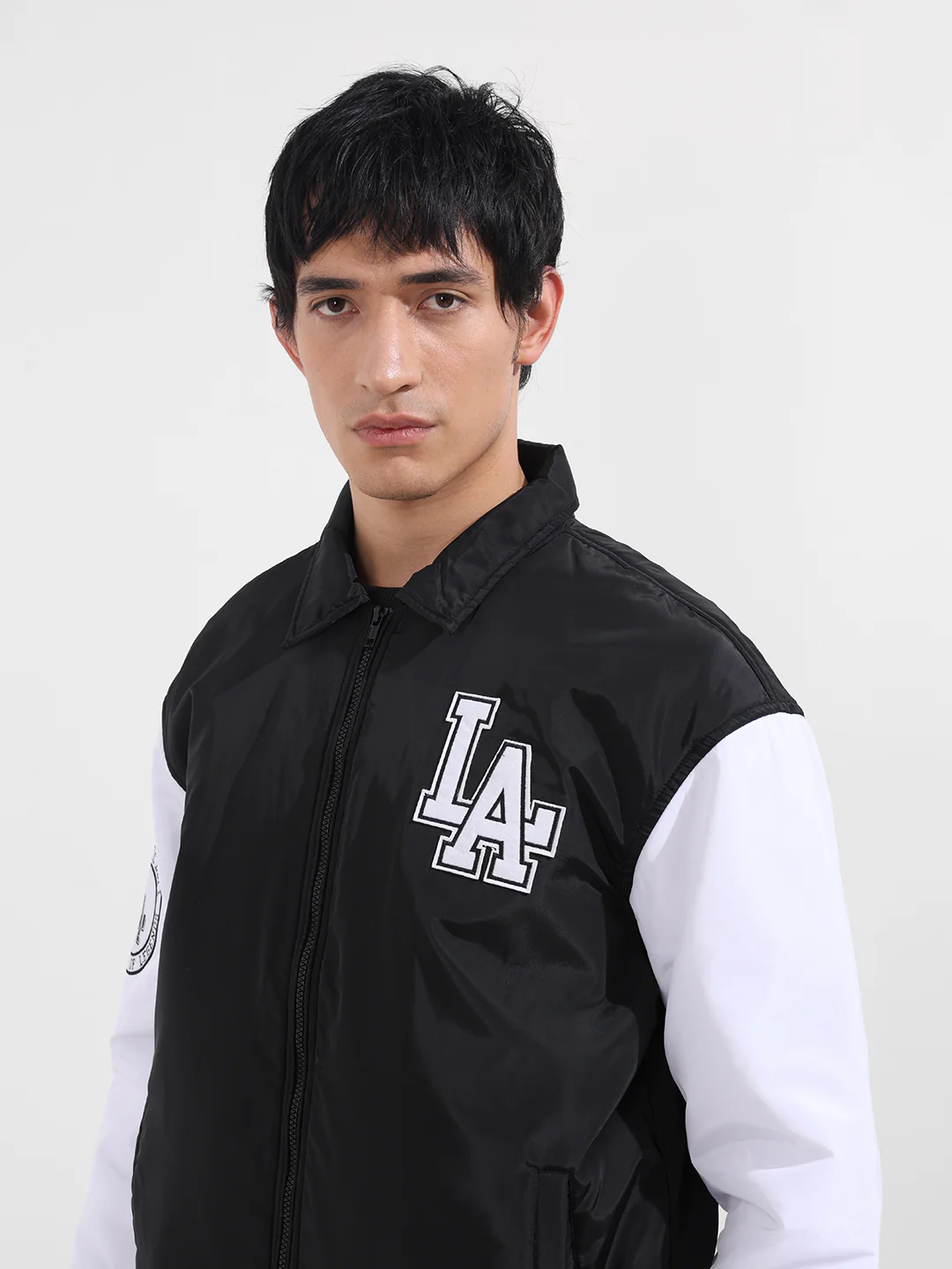 Men's Black Relaxed Fit Embroidered Varsity Jacket - Image 5