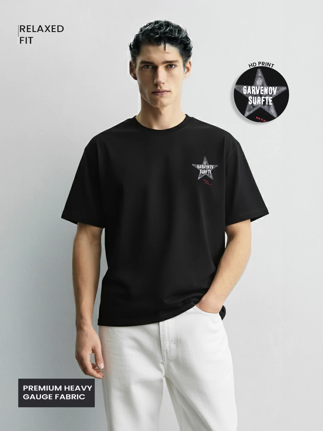 Men's Black Relaxed Fit Graphic Printed 240 GSM Casual T-Shirt - Image 3