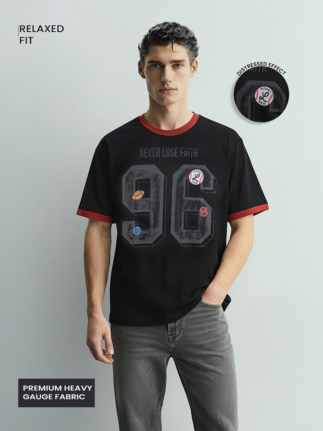 Men's Black Relaxed Fit Graphic Printed 240 GSM Sport Wear T-Shirt - Image 3