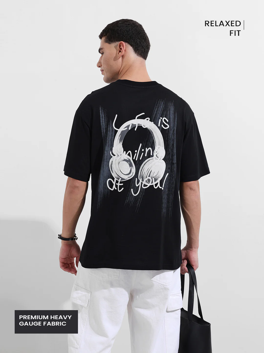 Men's Black Relaxed Fit Graphic Printed 240 GSM Street Wear T-Shirt - Image 4