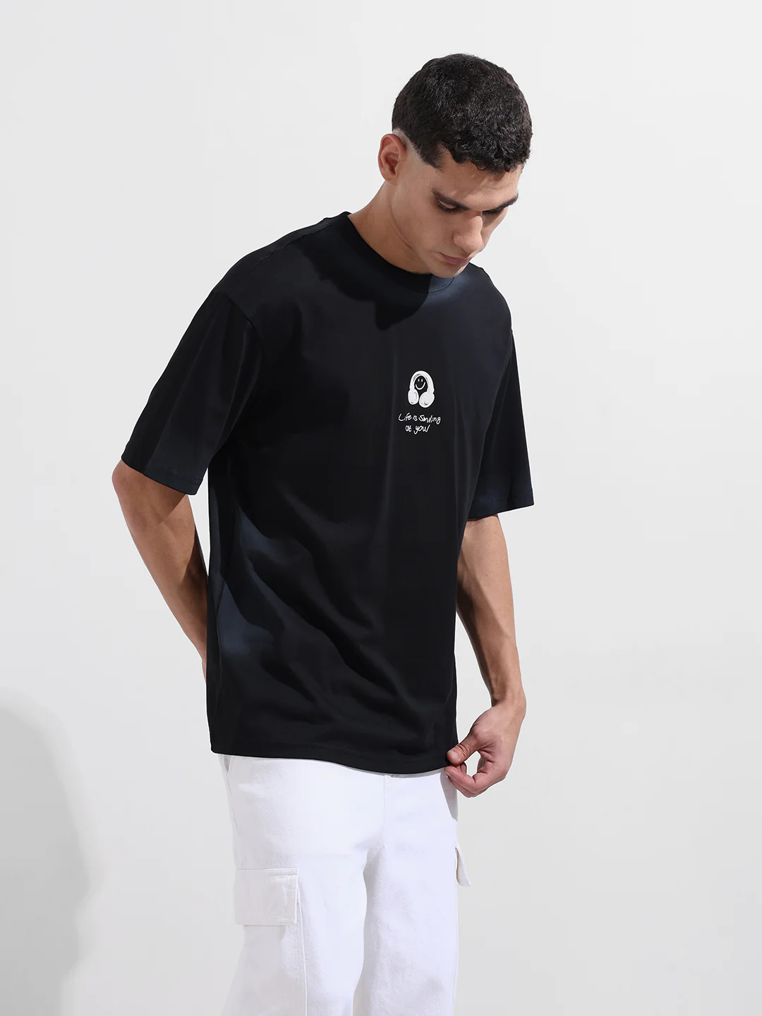 Men's Black Relaxed Fit Graphic Printed 240 GSM Street Wear T-Shirt - Image 6