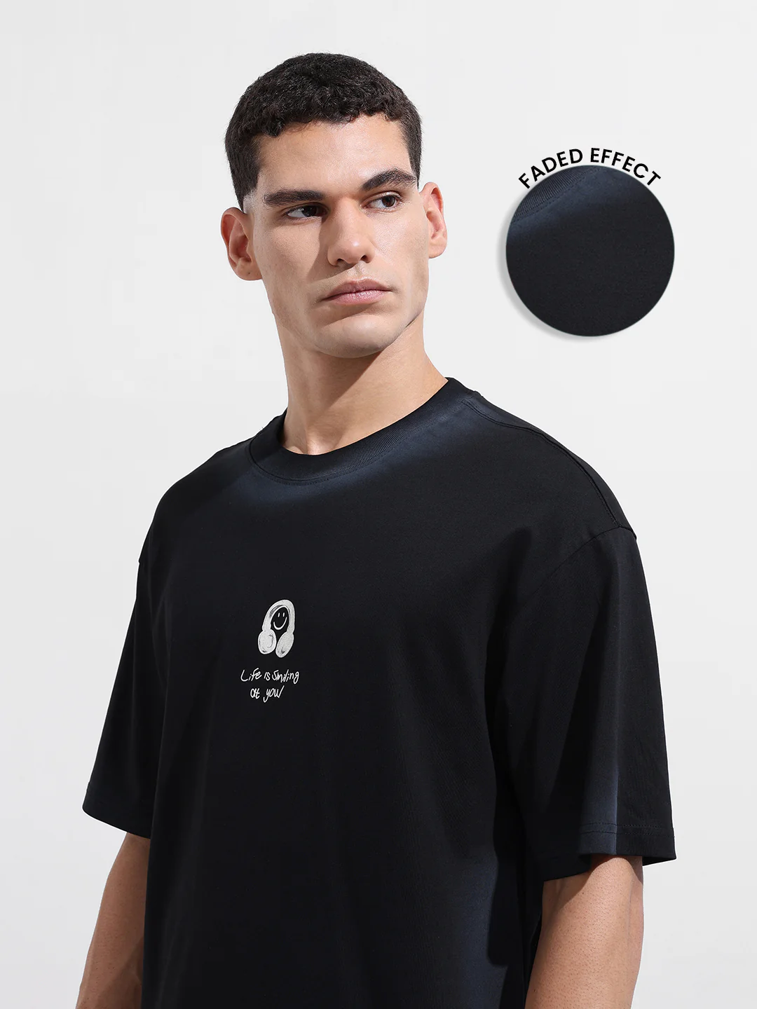 Men's Black Relaxed Fit Graphic Printed 240 GSM Street Wear T-Shirt - Image 7
