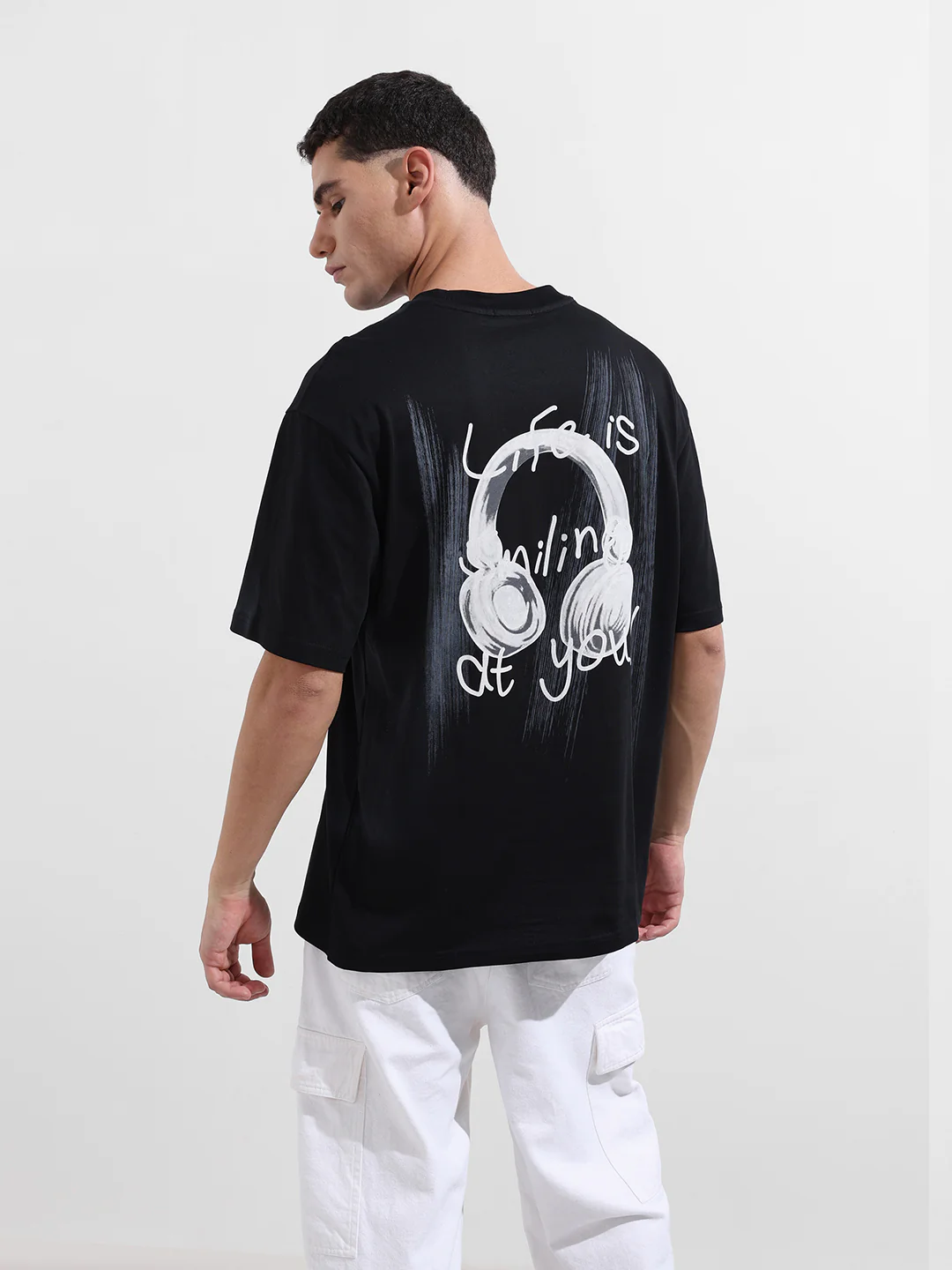 Men's Black Relaxed Fit Graphic Printed 240 GSM Street Wear T-Shirt - Image 8