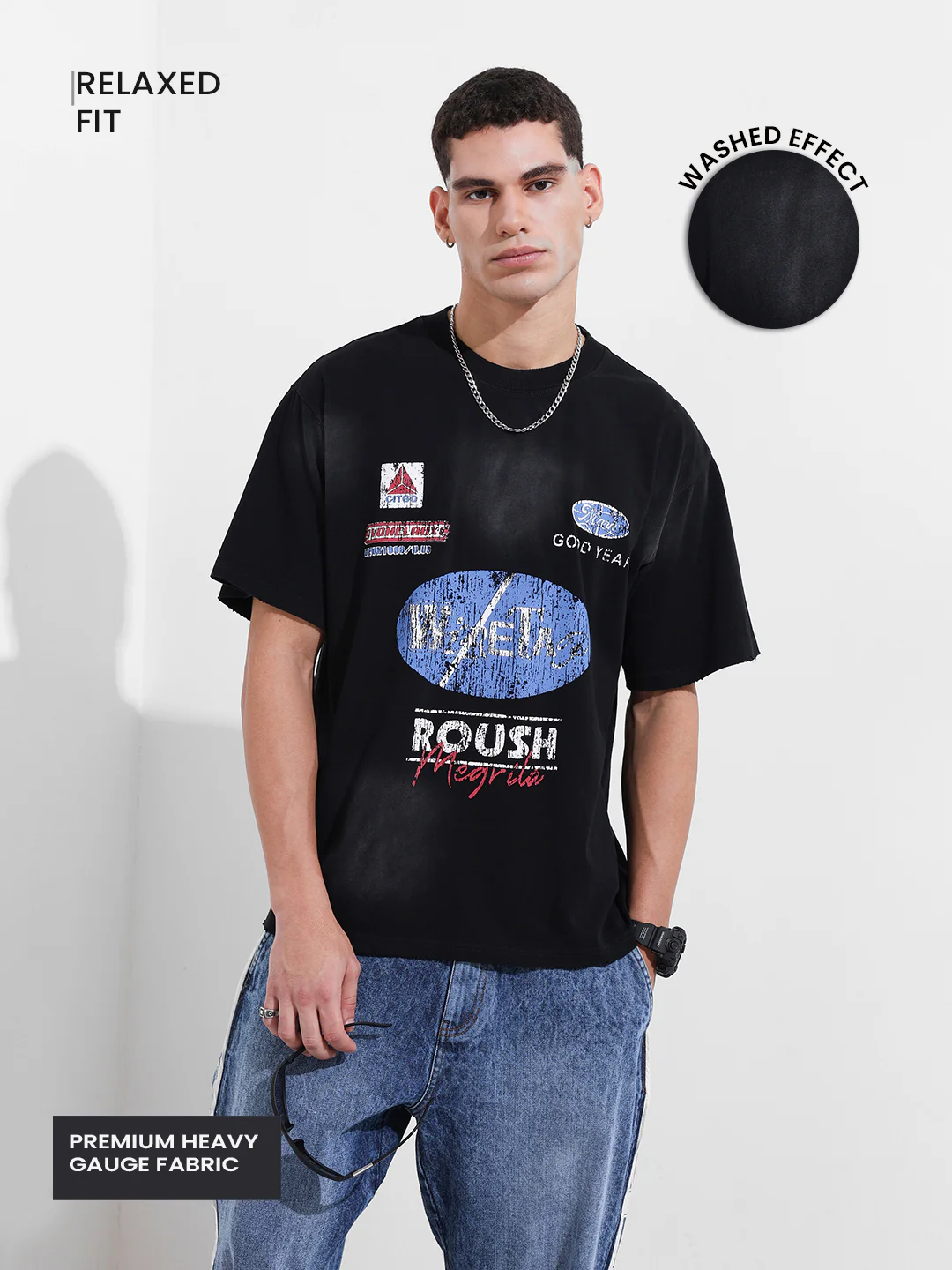 Men's Black Relaxed Fit Graphic Printed 240 GSM Street Wear T-Shirt - Image 4