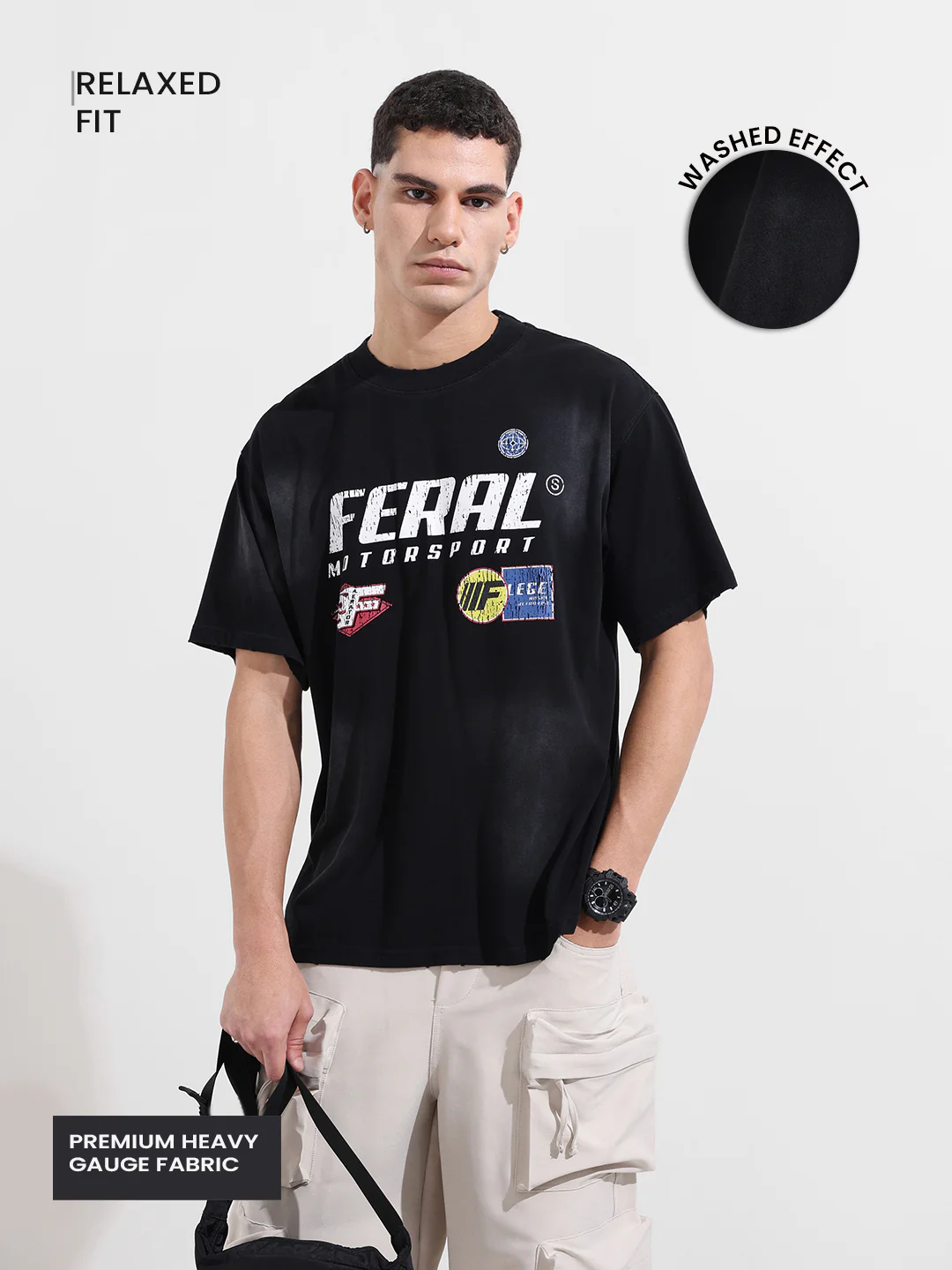 Men's Black Relaxed Fit Graphic Printed 240 GSM Street Wear T-Shirt - Image 4