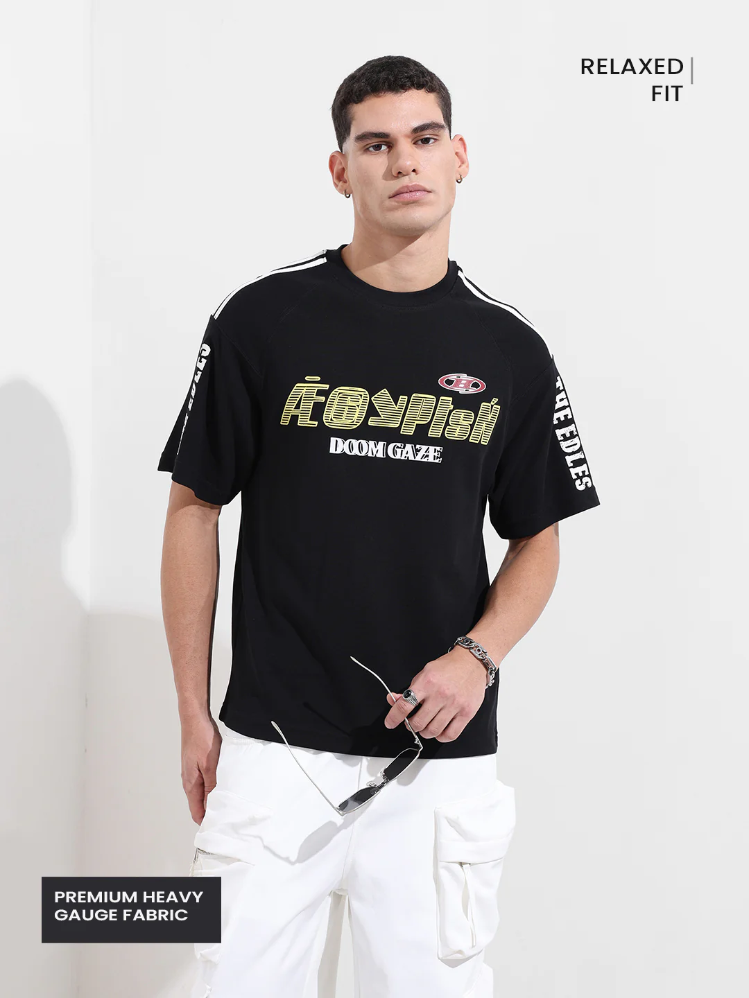 Men's Black Relaxed Fit Graphic Printed 240 GSM Street Wear T-Shirt - Image 4