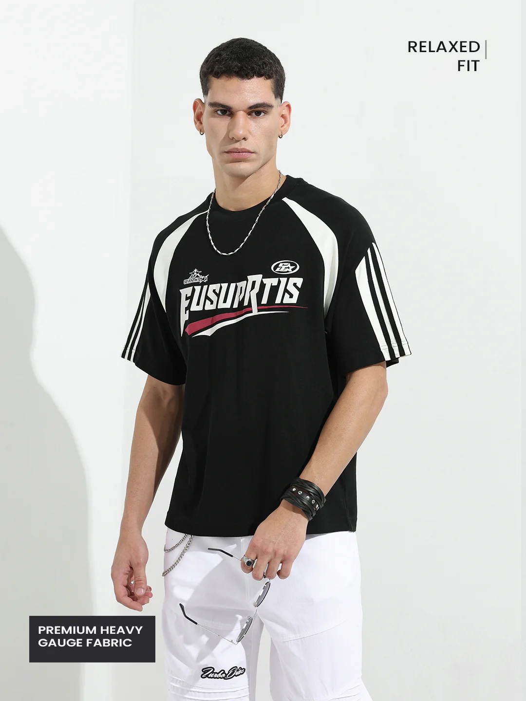 Men's Black Relaxed Fit Graphic Printed 240 GSM Street Wear T-Shirt - Image 4