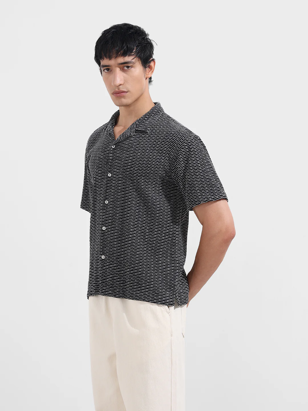 Men's Black Relaxed Fit Resort Wear Textured Shirt - Image 3