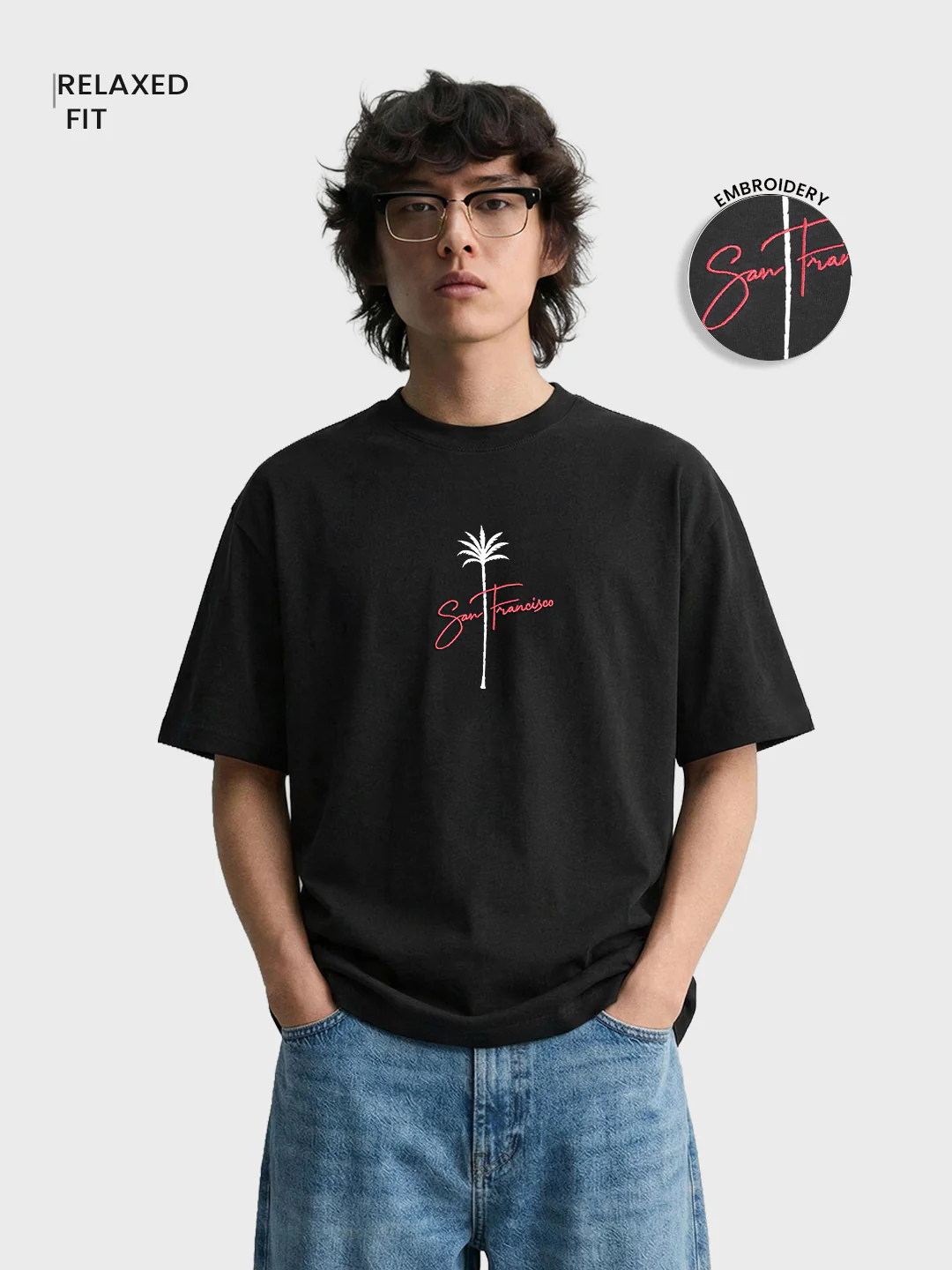 Men's Black Relaxed Fit Embroidered Casual T-Shirt - Image 2