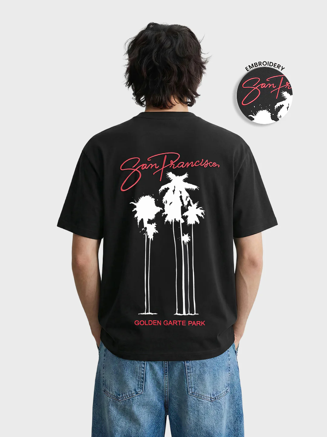 Men's Black Relaxed Fit Embroidered Casual T-Shirt - Image 3