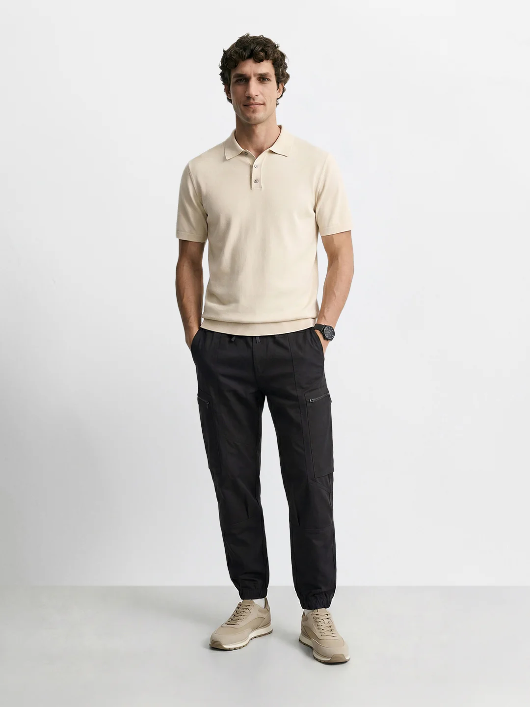 Men's Black Relaxed Fit Solid Utility Cargo - Image 2
