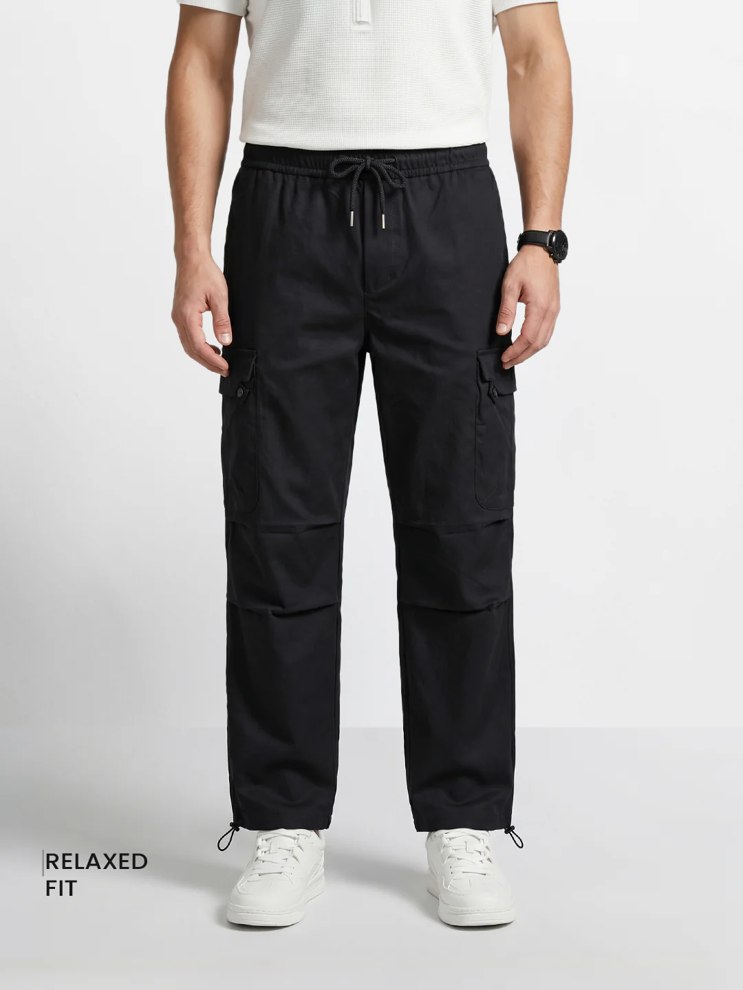 Men's Black Relaxed Fit Solid Utility Cargo - Image 2