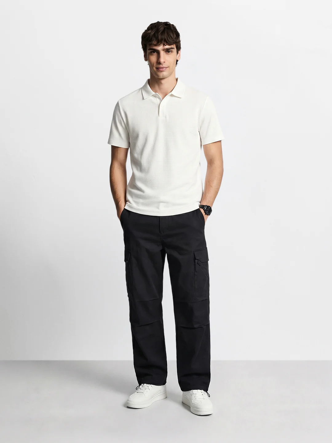 Men's Black Relaxed Fit Solid Utility Cargo - Image 5