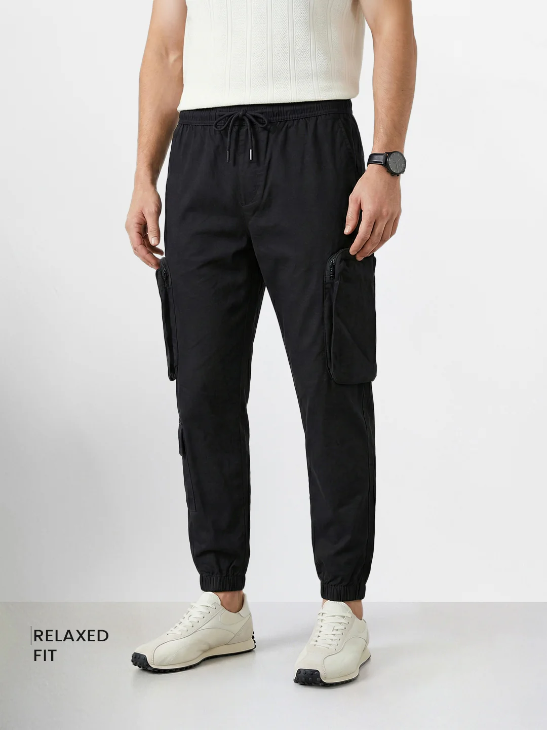 Men's Black Relaxed Fit Solid Utility Cargo - Image 2