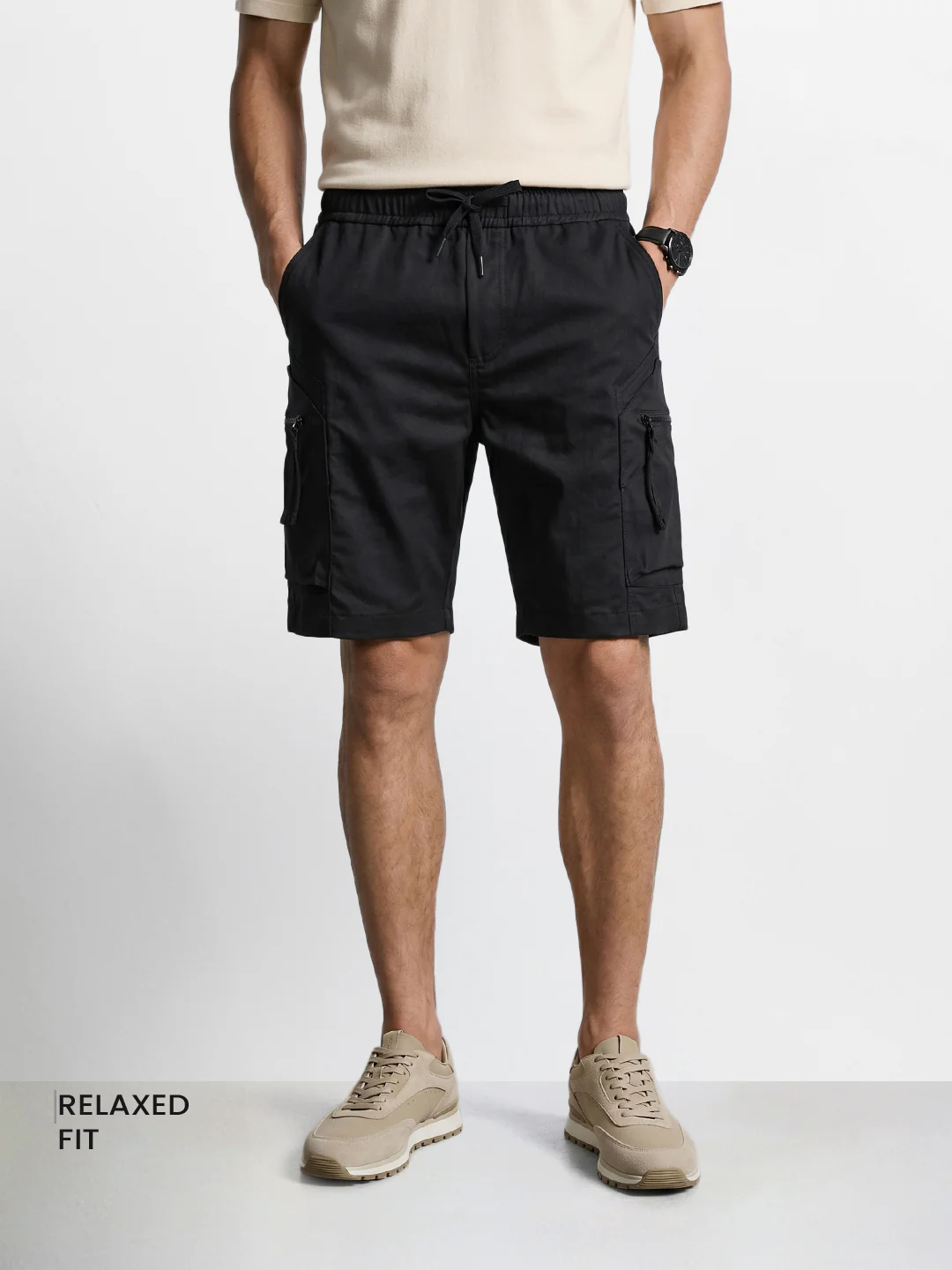 Men's Black Relaxed Fit Solid Utility Shorts - Image 2