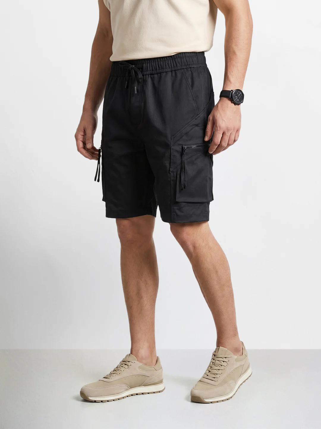Men's Black Relaxed Fit Solid Utility Shorts - Image 3