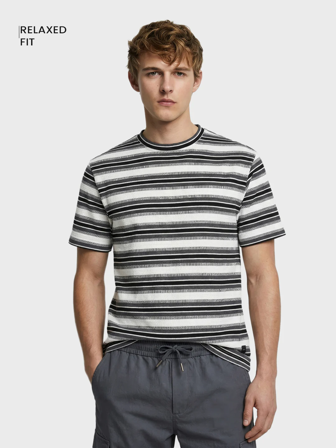 Men's Black Relaxed Fit Striped Casual T-Shirt - Image 2