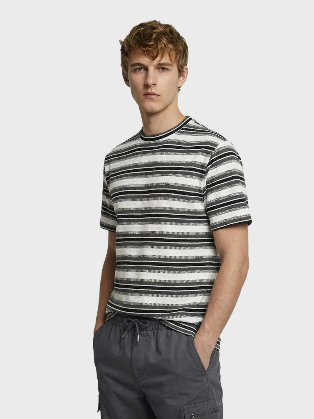 Men's Black Relaxed Fit Striped Casual T-Shirt - Image 3