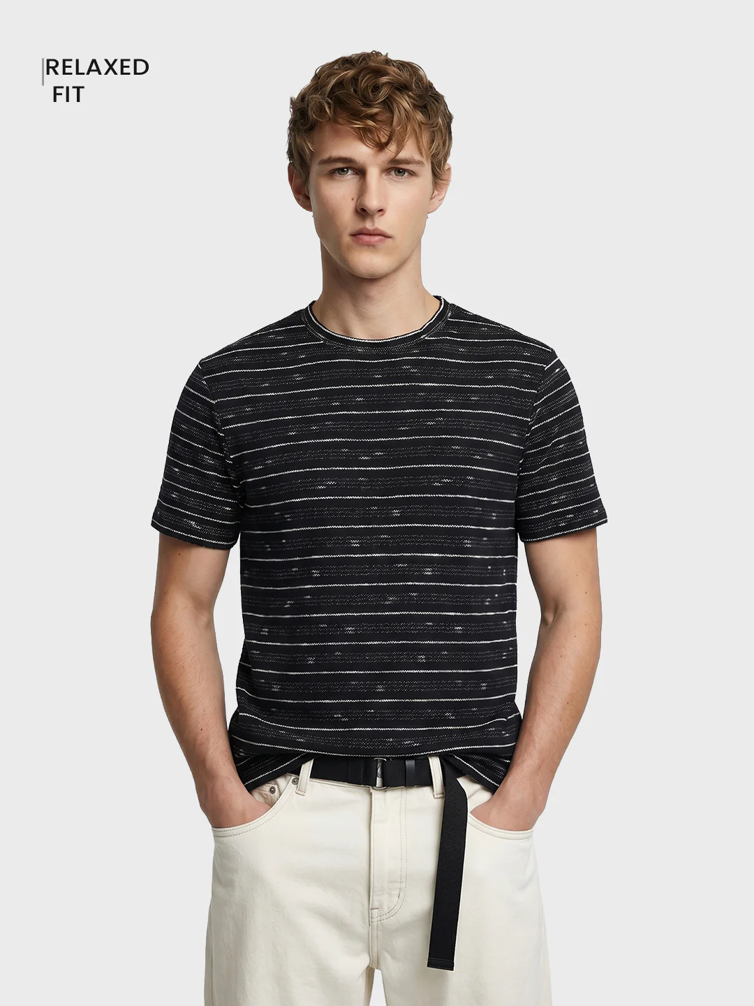 Men's Black Relaxed Fit Striped Resort Wear T-Shirt - Image 2