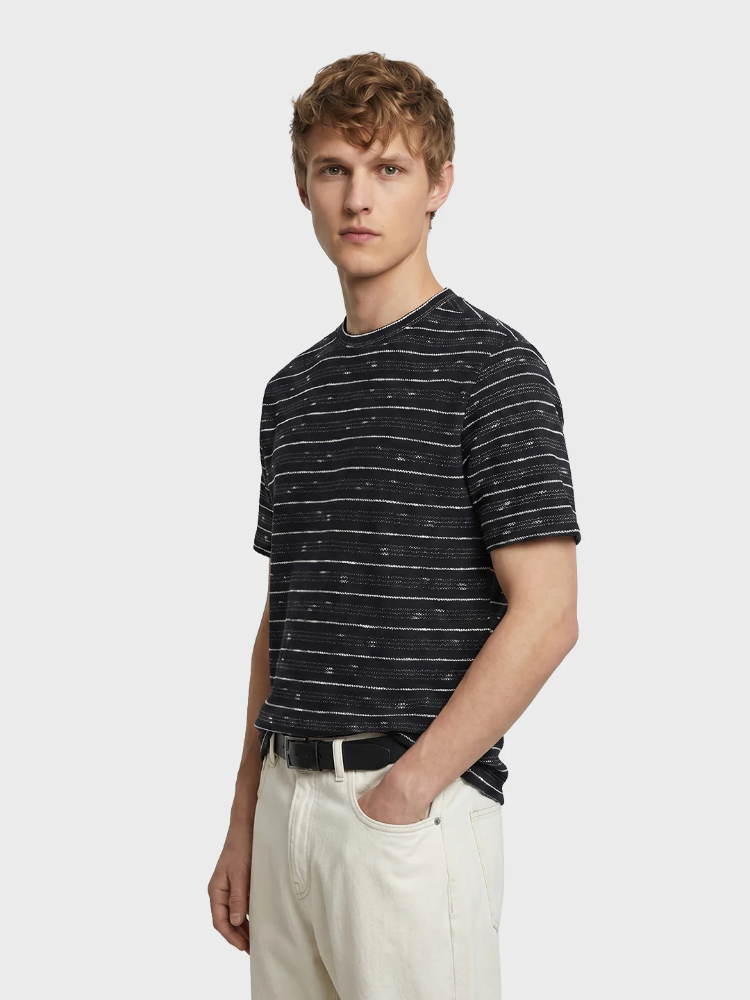 Men's Black Relaxed Fit Striped Resort Wear T-Shirt - Image 3