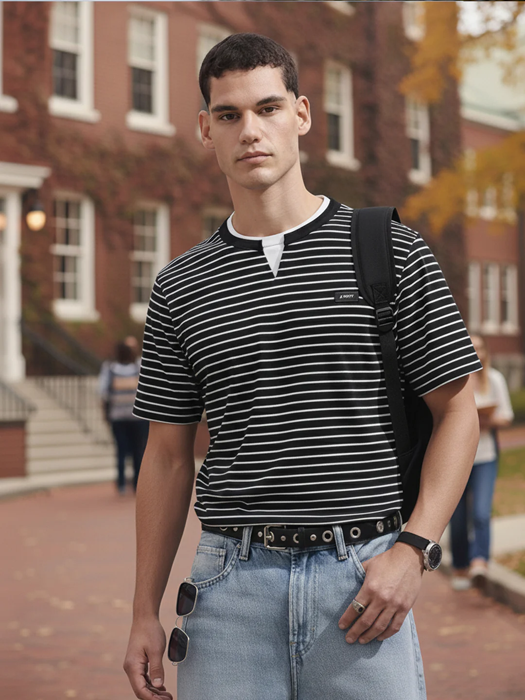 Men's Black Relaxed Fit Striped 240 GSM Street Wear T-Shirt - Image 3