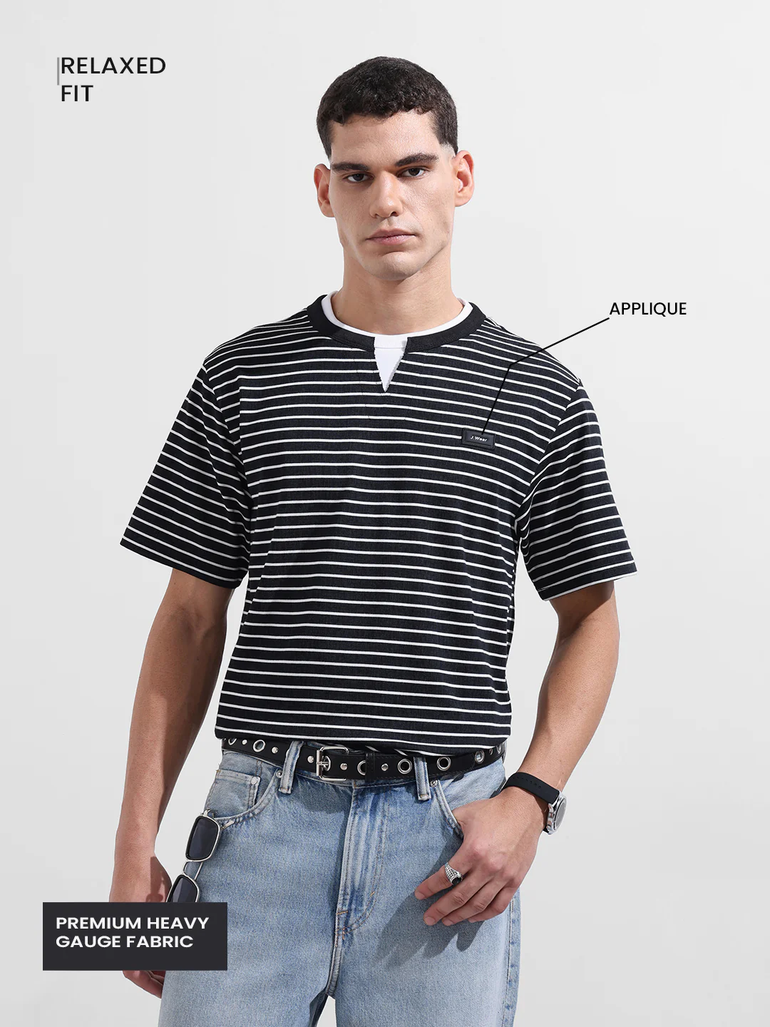 Men's Black Relaxed Fit Striped 240 GSM Street Wear T-Shirt - Image 4