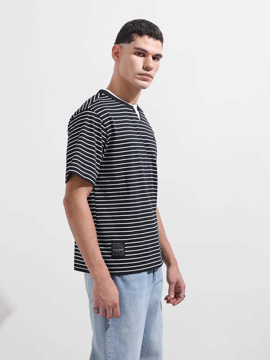 Men's Black Relaxed Fit Striped 240 GSM Street Wear T-Shirt - Image 6