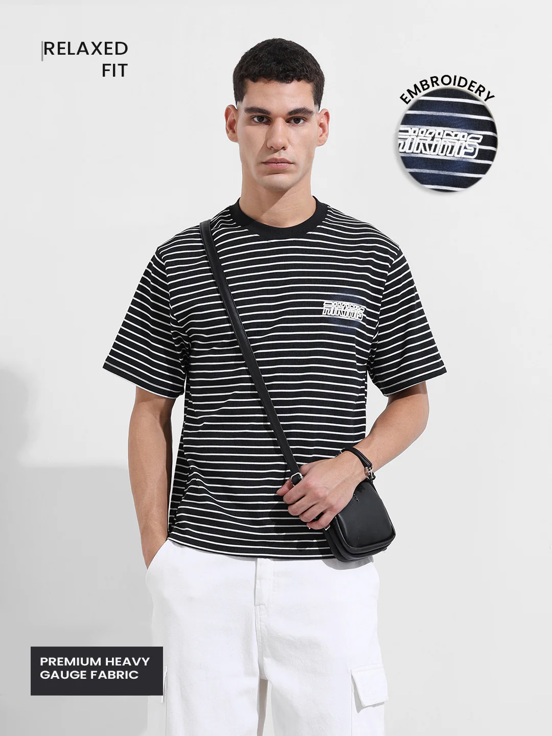 Men's Black Relaxed Fit Striped 240 GSM Street Wear T-Shirt - Image 3