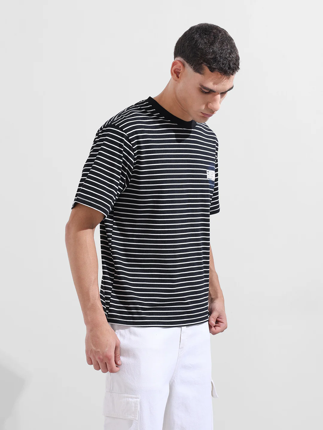 Men's Black Relaxed Fit Striped 240 GSM Street Wear T-Shirt - Image 5