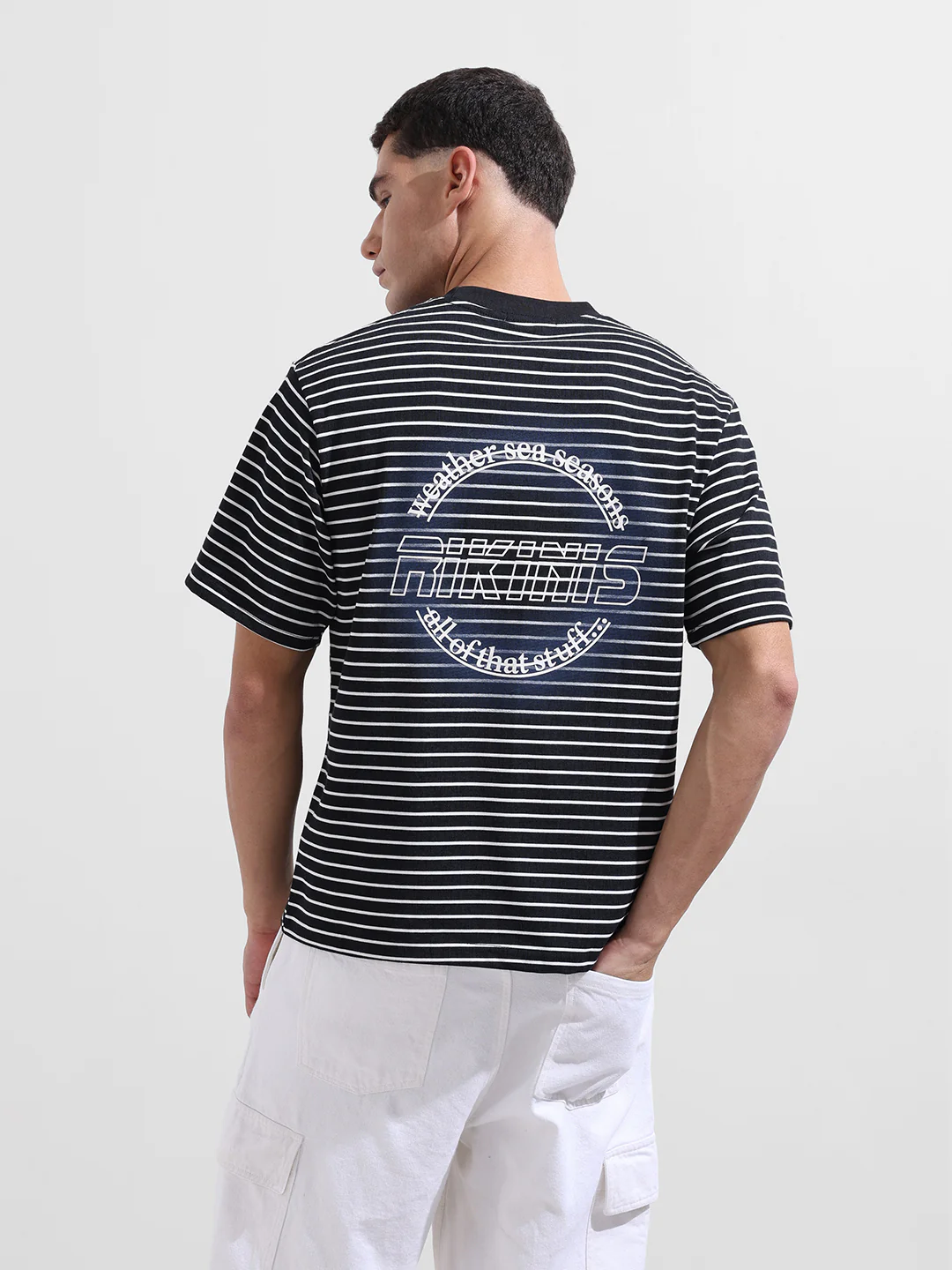 Men's Black Relaxed Fit Striped 240 GSM Street Wear T-Shirt - Image 7