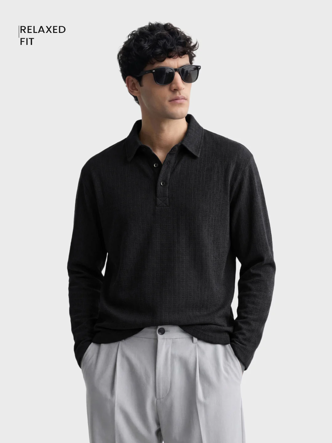 Men's Black Relaxed Fit Textured Casual T-Shirts - Image 2