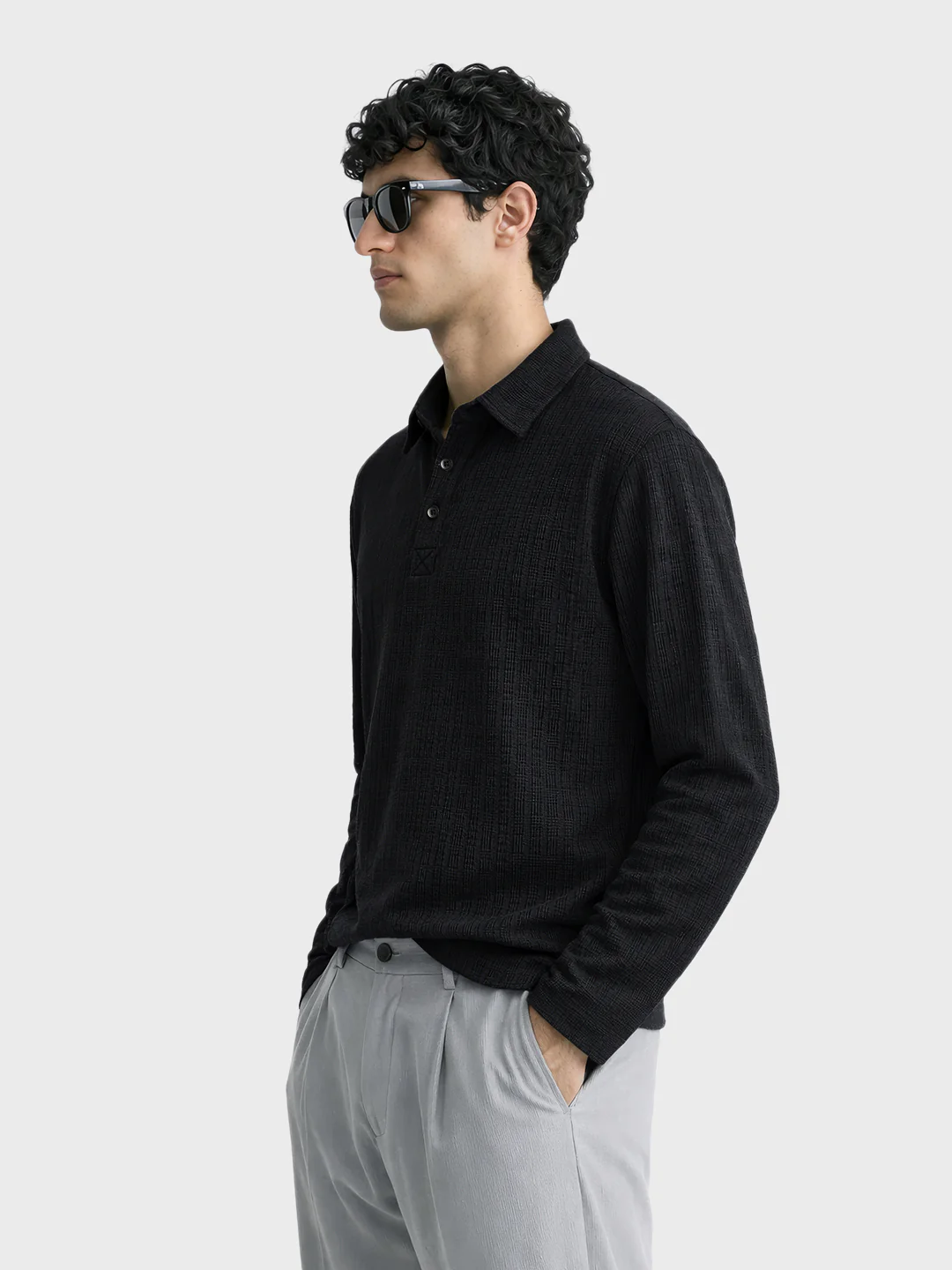 Men's Black Relaxed Fit Textured Casual T-Shirts - Image 3