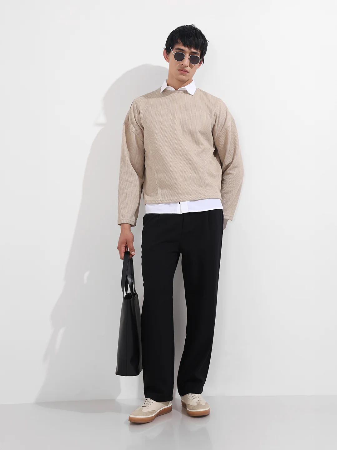 Men's Black Relaxed Fit Textured Casual Trousers - Image 2