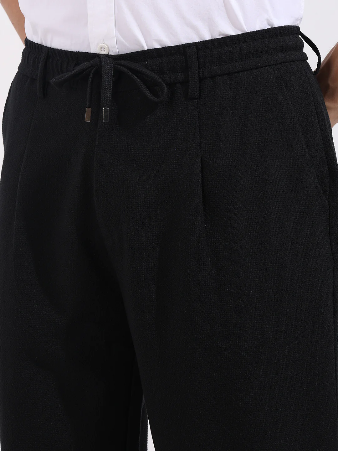 Men's Black Relaxed Fit Textured Casual Trousers - Image 4