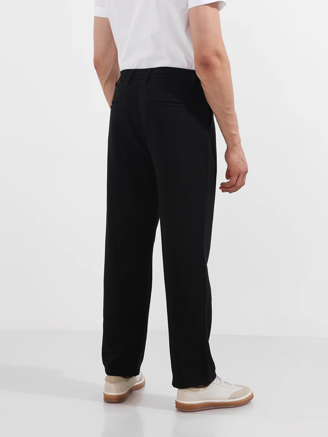 Men's Black Relaxed Fit Textured Casual Trousers - Image 5