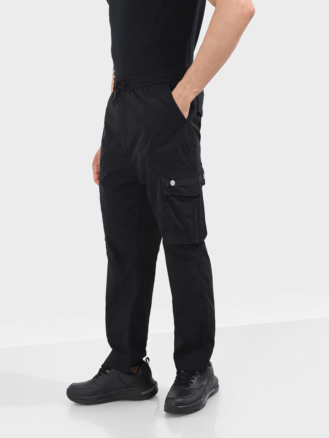 Men's Black Relaxed Fit Textured Utility Joggers - Image 2