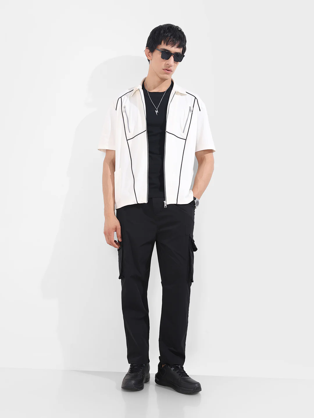 Men's Black Relaxed Fit Textured Utility Joggers - Image 3