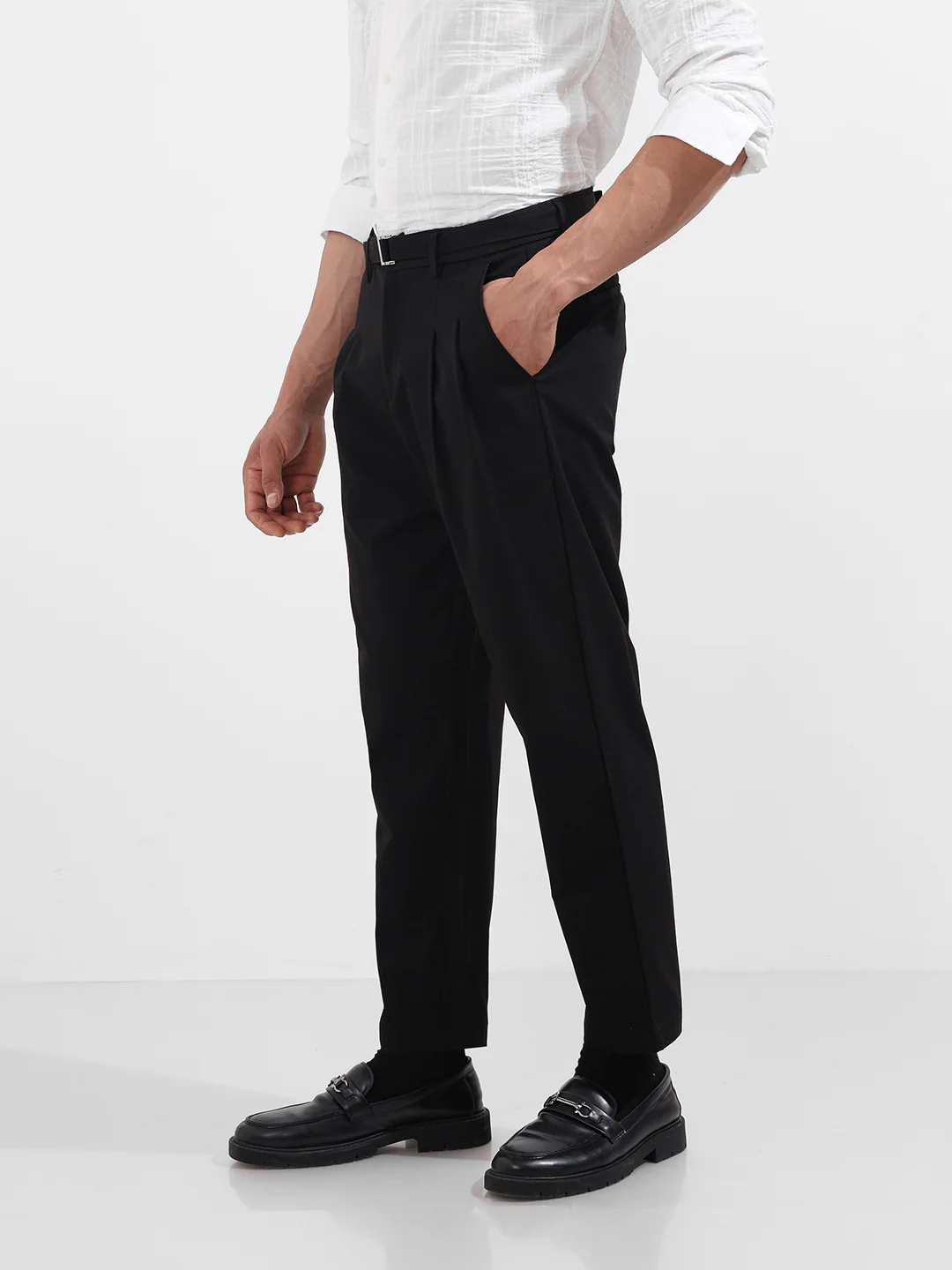 Men's Black Relaxed Fit Textured Utility Trousers - Image 3