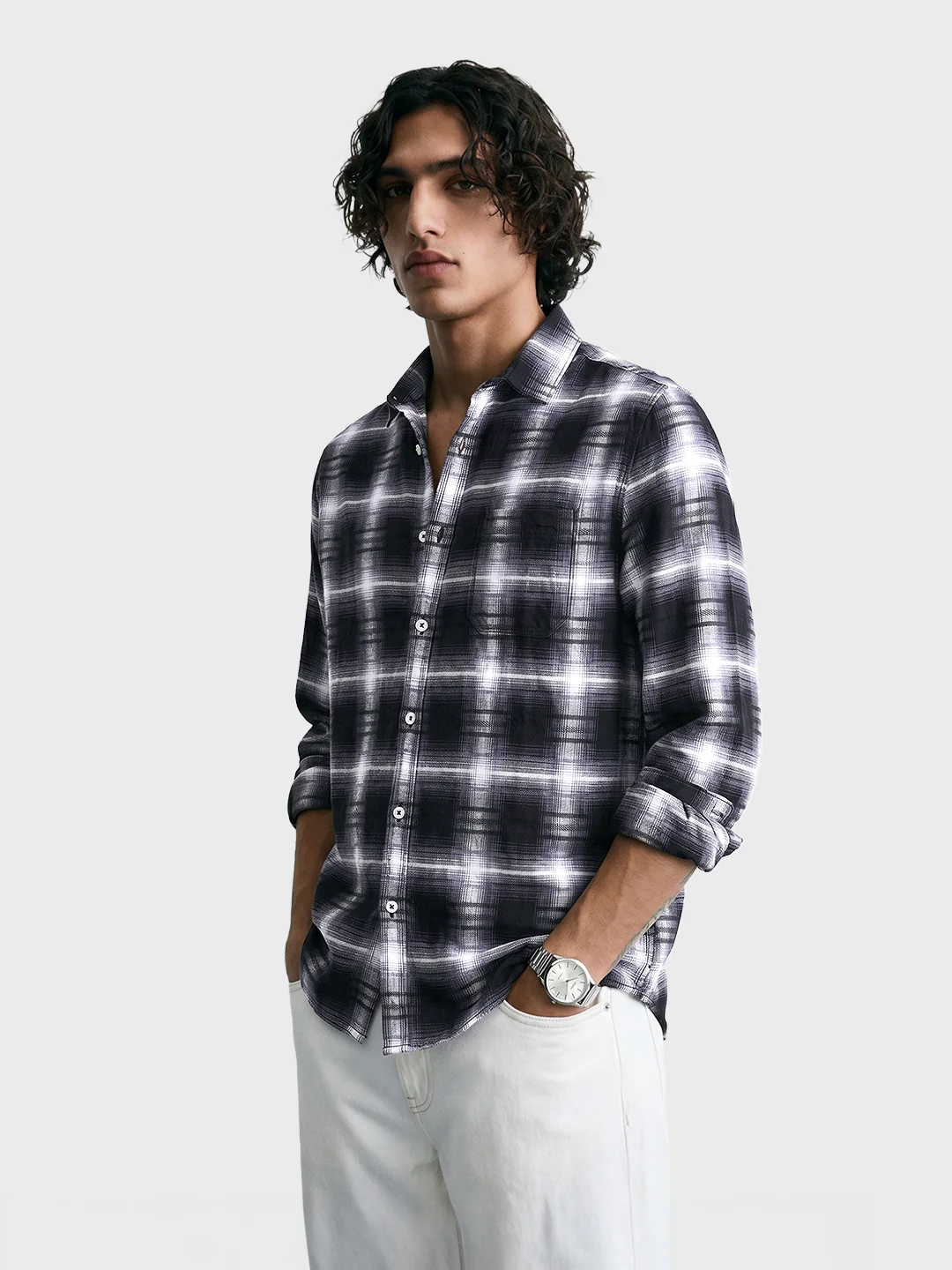 Men's Black Slim Fit Checkered Casual Shirt - Image 4