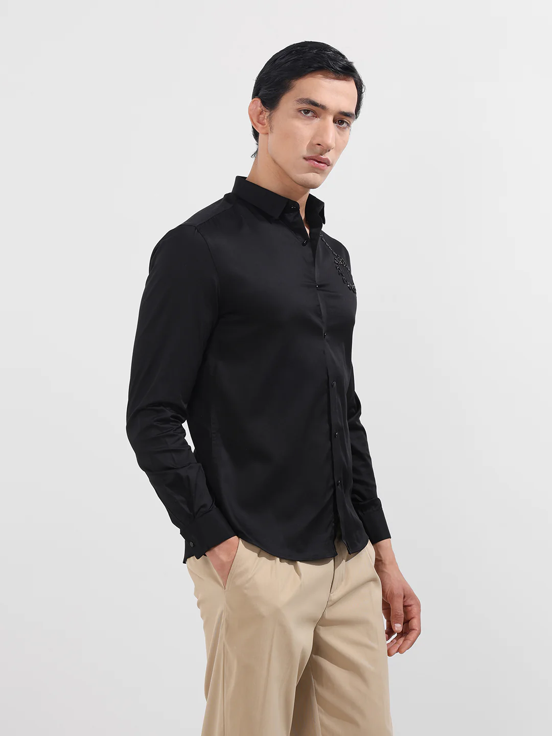 Men's Black Slim Fit Embellishment Party Wear Shirt - Image 4