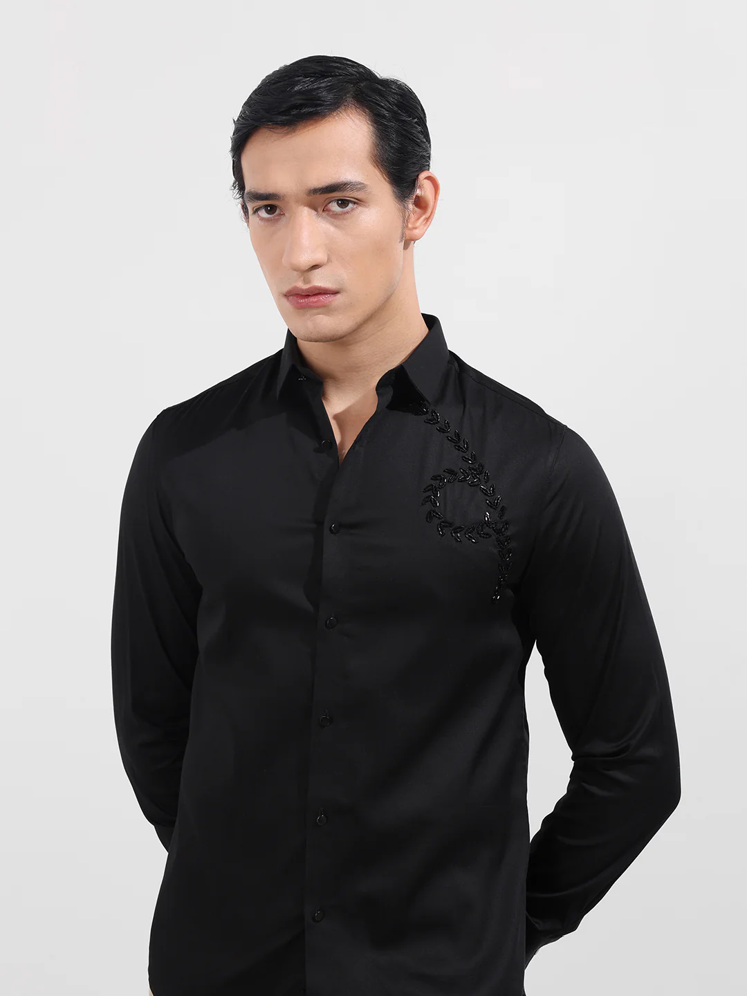 Men's Black Slim Fit Embellishment Party Wear Shirt - Image 5