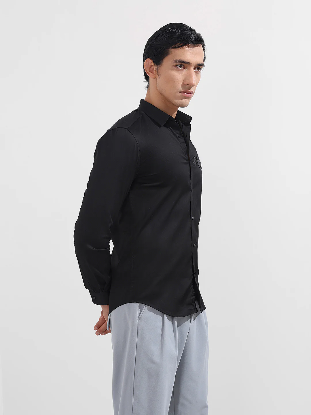Men's Black Slim Fit Embellishment Party Wear Shirt - Image 4